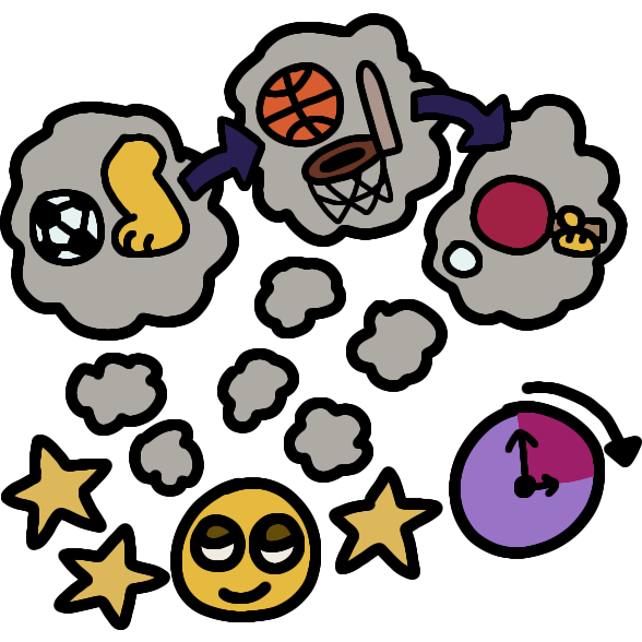 a happy emoji yellow face surrounded by three stars, thinking three thought bubbles with different sports: foot with a football/soccer ball, a basketball above a basket and a ping pong paddle hitting a ball. each thought bubble has an arrow pointing to the next one. next to the face is a clock with a small section of a time highlighted